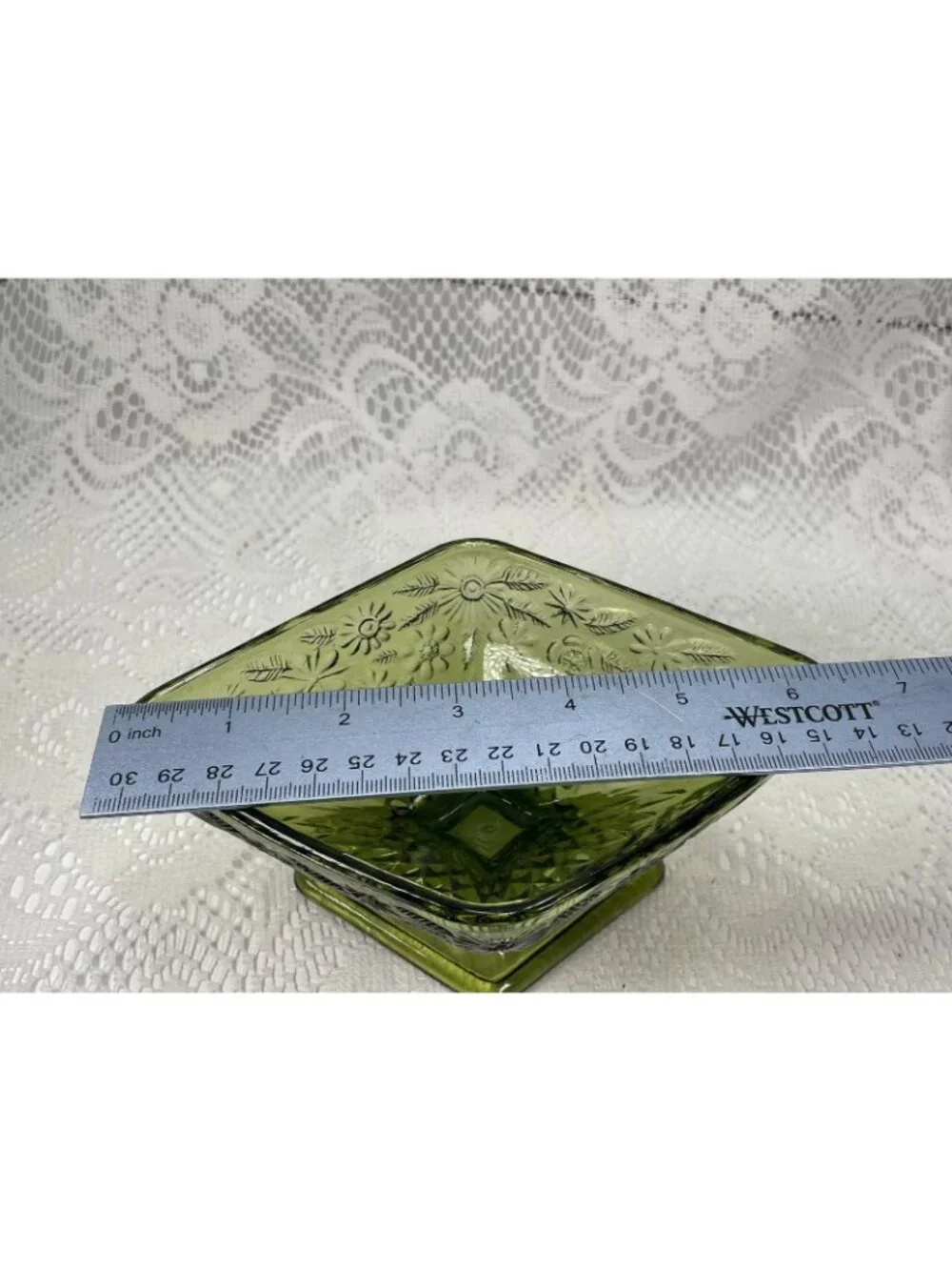 Vintage Green Indiana Glass Daisy Floral Candy Dish, Diamond Shaped Dish